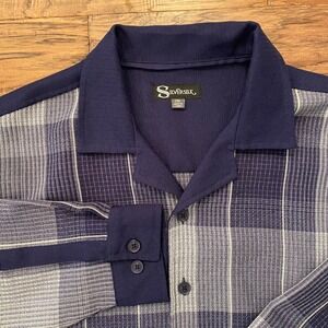 Silver Silk Plaid Knit Button Down Shirt Mens 2XL Navy Blue Grey Camp Collar